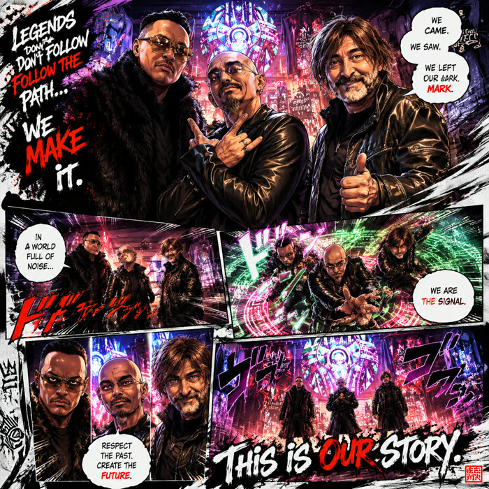 Manga style promo page: the three members of End of Eternity in leather jackets in a neon lit street, with speech bubbles reading We came, we saw, we left our mark