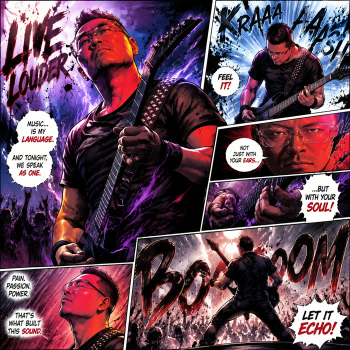 Manga style promo page: a guitarist mid-performance across six high energy panels with sound effect lettering