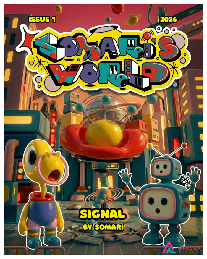 Somari's World Issue 1: Signal comic cover, two toy-like robot characters waving in a candy-colored 3D city under a graffiti logo