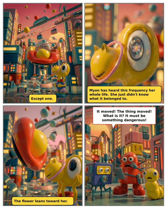 Somari's World interior page: a small one-eyed yellow character meets a giant flower-like signal dish while toy robots react in the street