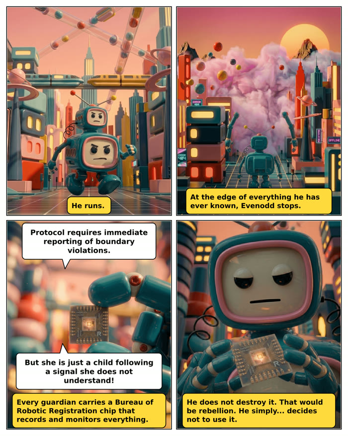Somari's World interior page: a small robot runs to the edge of the city under a pink sky, then quietly decides not to use his monitoring chip