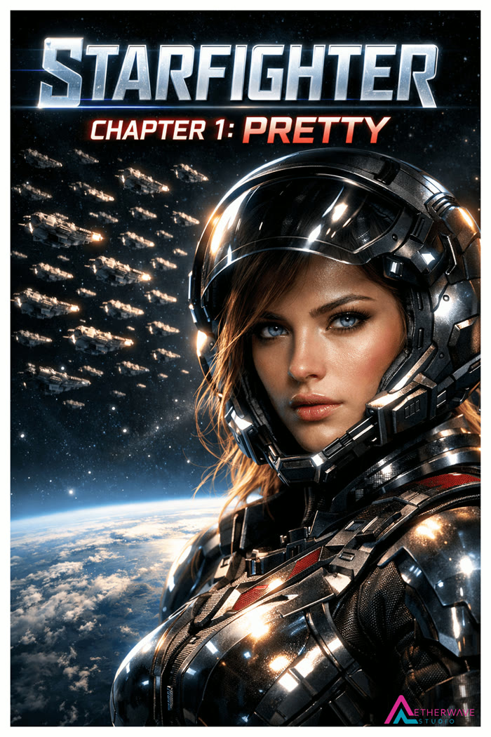Starfighter Chapter 1: Pretty comic cover, a pilot in mirrored armor before a fleet of ships over Earth