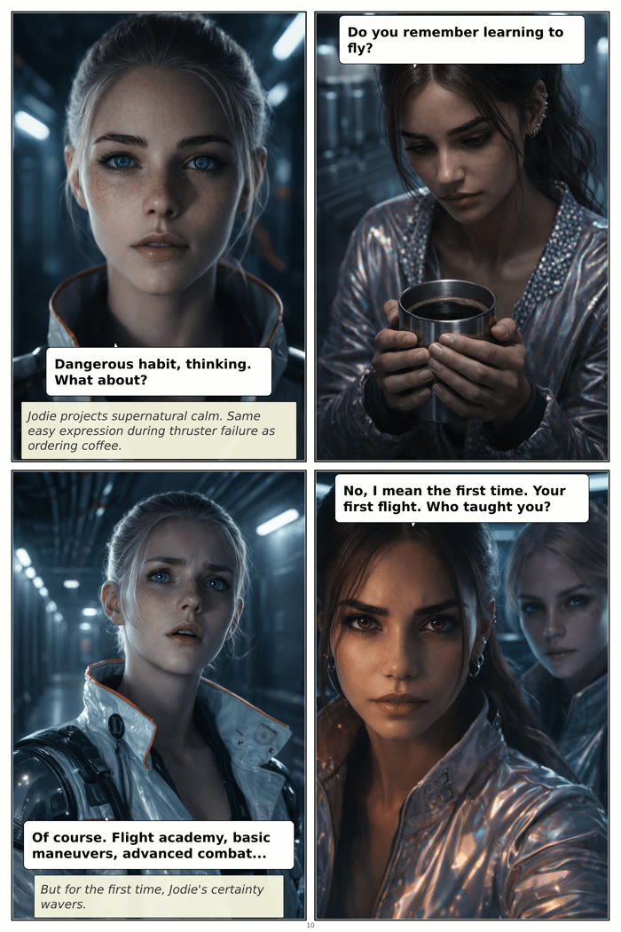 Starfighter interior page: two pilots in close conversation across four photoreal panels