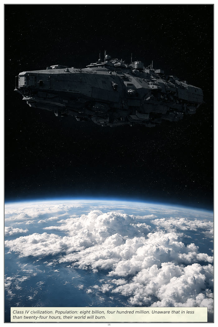 Starfighter full-page splash: a capital ship hanging over a cloud-covered planet