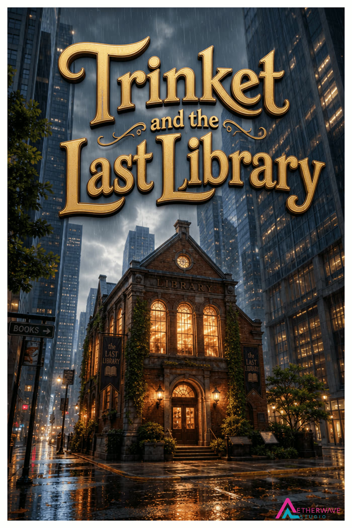 Trinket and the Last Library comic cover, a warm lit library between rainy skyscrapers with gold title lettering