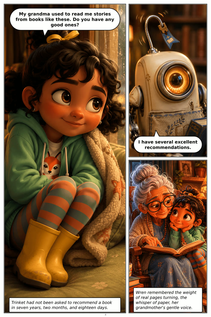 Trinket interior page: a girl in a fox hoodie talks with a small round-eyed library robot, with a memory of her grandmother reading