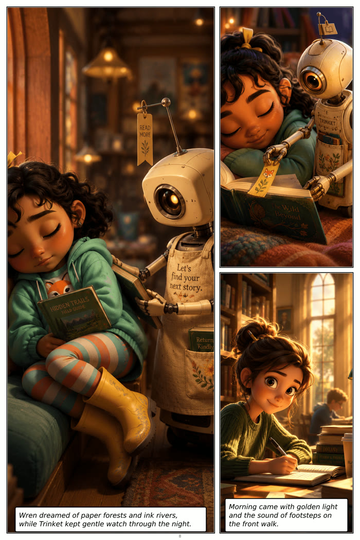 Trinket interior page: the girl asleep among books while the robot keeps watch through the night