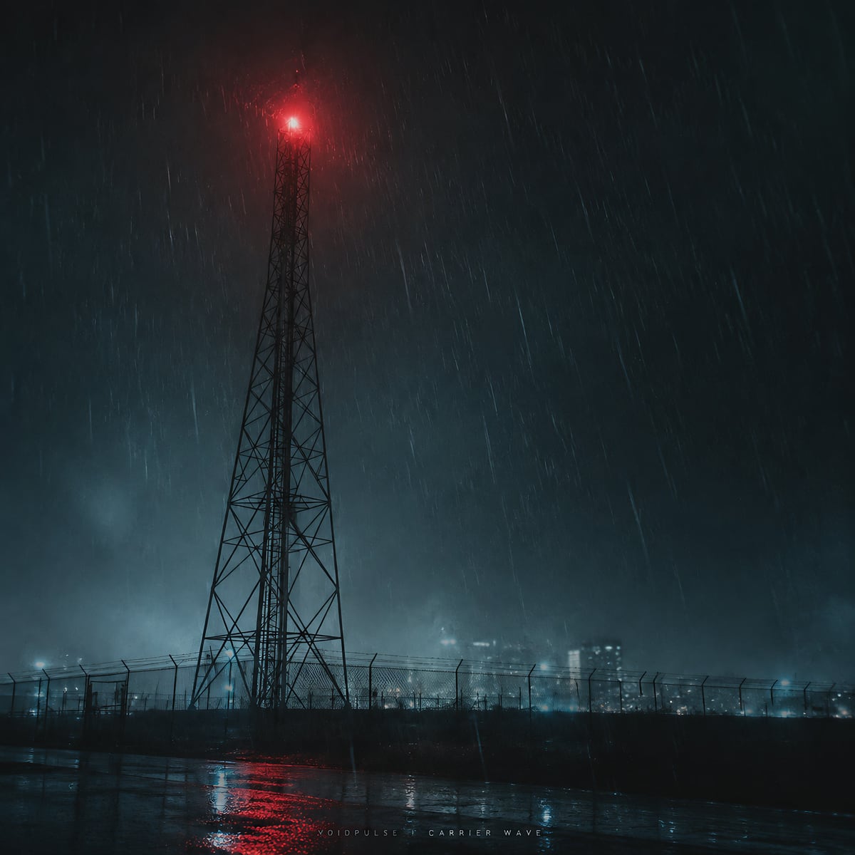 Album cover for Carrier Wave by VOIDPULSE: a radio transmission tower with a red beacon in heavy rain, a city skyline dim behind it.