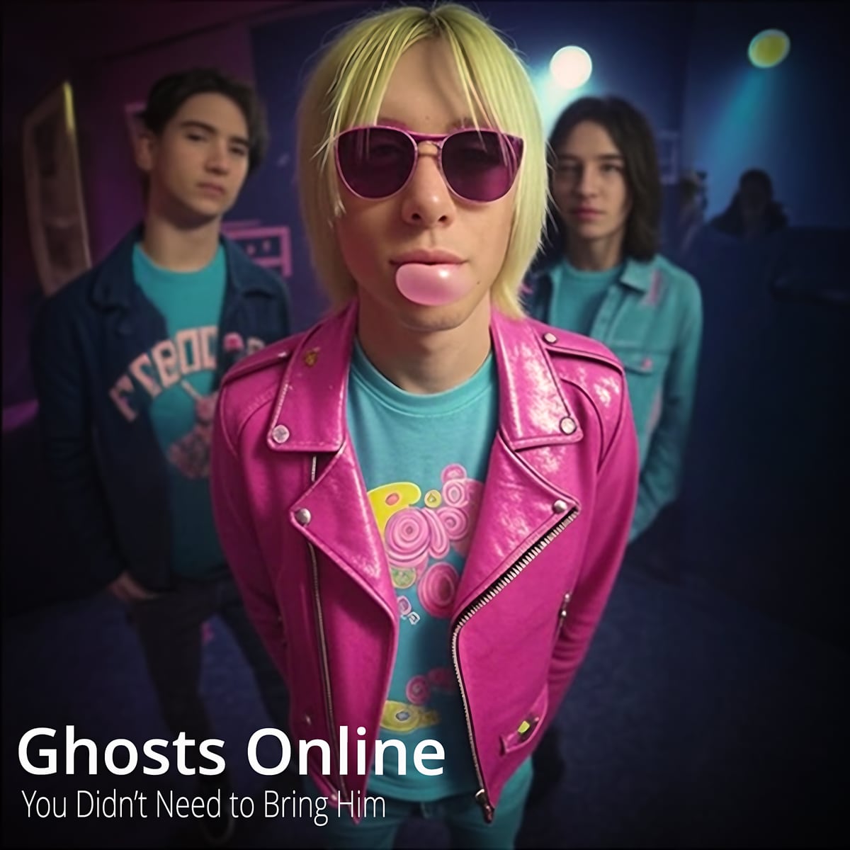 Album cover for You Didn't Need to Bring Him by Ghosts Online: a blonde singer in a pink leather jacket blowing a bubble, two bandmates behind in a neon lit club corridor.