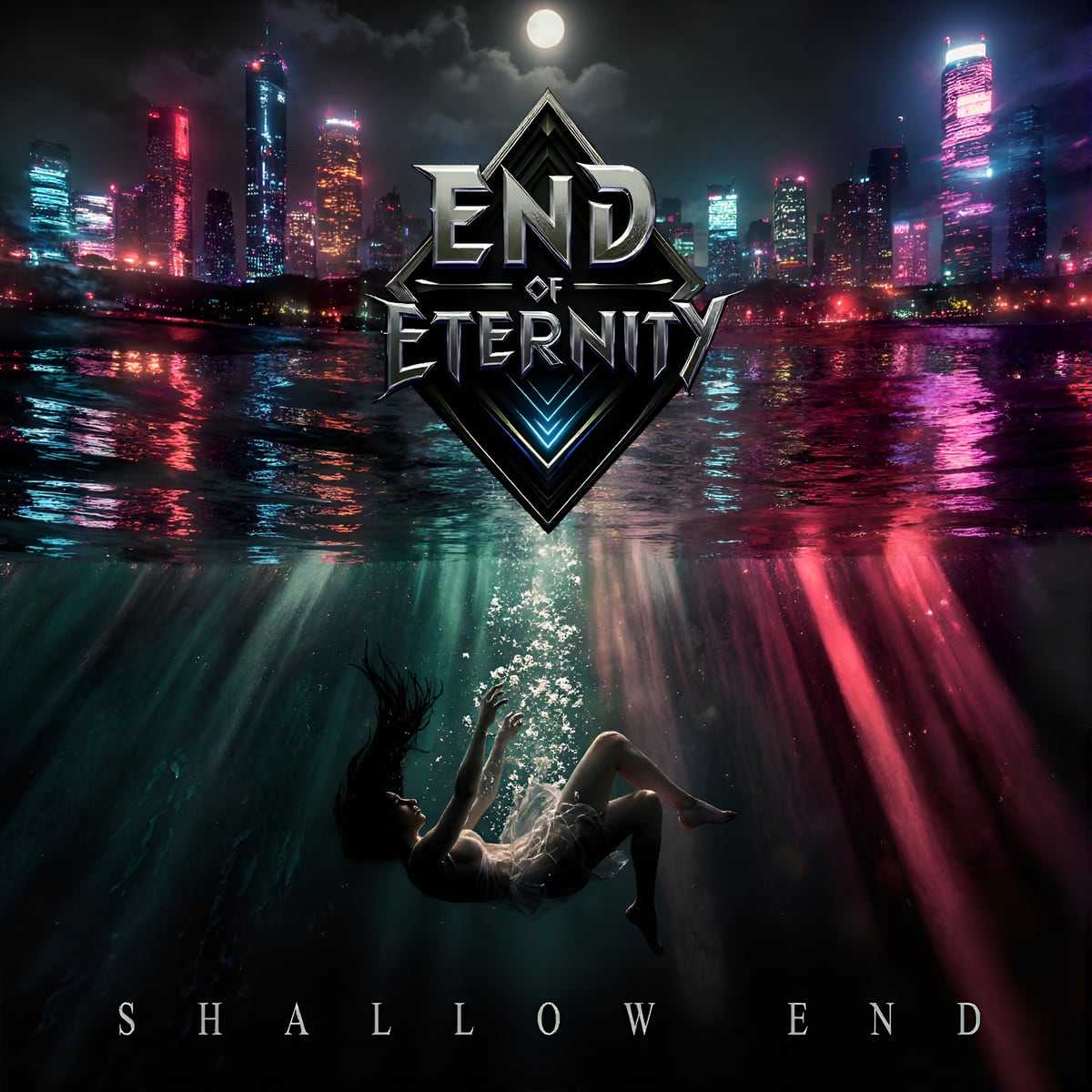 Album cover for Shallow End by End of Eternity: a figure sinking beneath water below a neon city skyline, with a chrome diamond logo above the waterline.