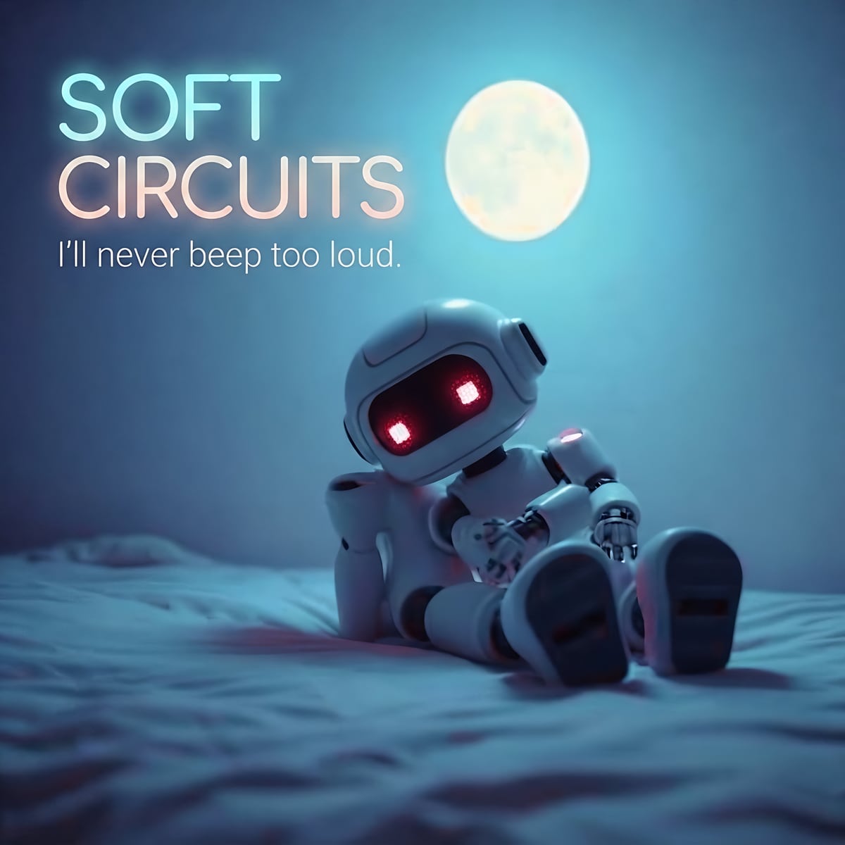 Album cover for Soft Circuits: a small white robot sitting on a bed under a full moon, with the title set in soft neon type.